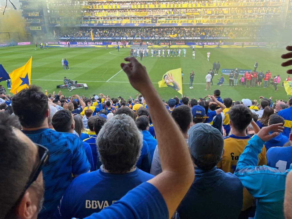 Boca Juniors fans celebrating pregame at La Bombonera stadium