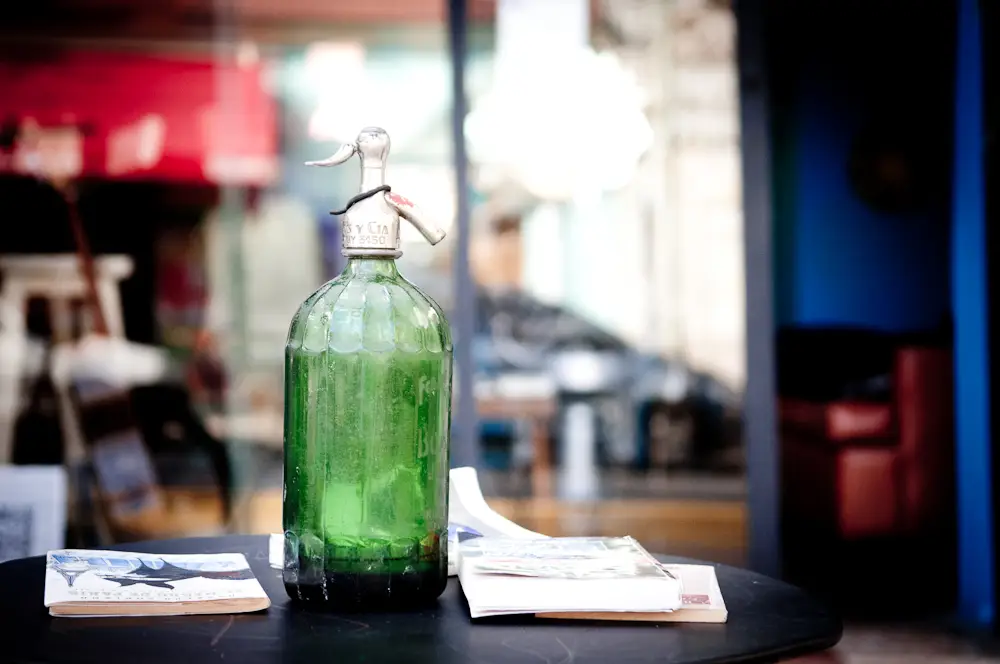 Antique soda water bottle at San Telmo fair on display